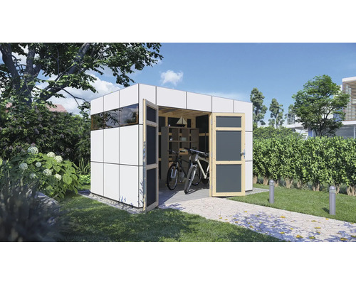Moderný záhradný domček s otvorenými dverami, bicyklami a regálmi vnútri.