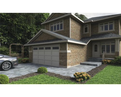 Obrázok dvojpodlažného domu s garážou, kamenným schodiskom a dláždenou príjazdovou cestou.