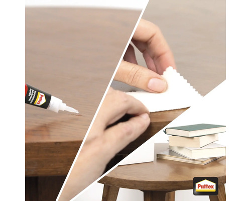Aplikácia lepidla Pattex Repair Express na drevený stôl na opravu poškodenia