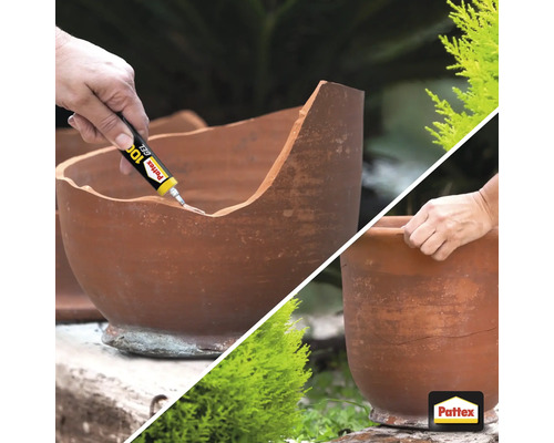 Aplikácia lepidla Pattex 100 percent gél na rozbitý terakotový kvetináč.