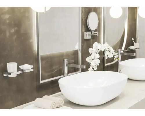 Moderná kúpeľňa s umývadlami na dosku, zrkadlom a vodovodnou batériou