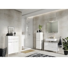 Moderná kúpeľňa so sprchovacím kútom, skrinkou pod umývadlo, zrkadlovou skrinkou a vysokou skrinkou.