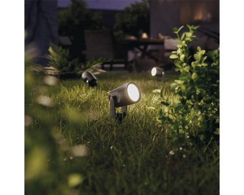 Záhrada s trávnikom a niekoľkými inštalovanými bodovými svetlami na osvetlenie