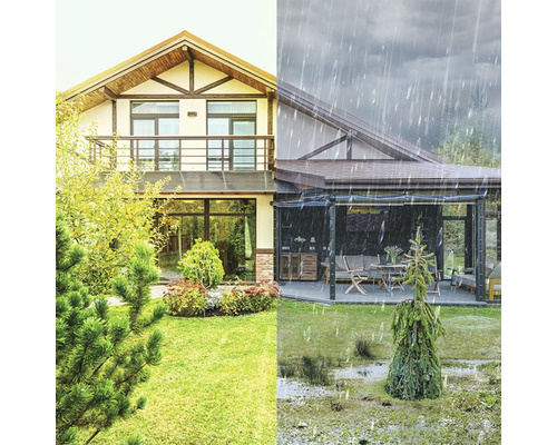 Obrázok fasády domu za slnečného a daždivého počasia, ktorý ilustruje nutnosť ochrany pred poveternostnými vplyvmi