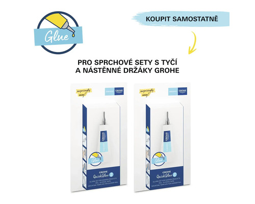 Dve balenia lepiacich sád Grohe QuickGlue pre sprchové výrobky s montážnou šablónou pre sprchovú tyč.
