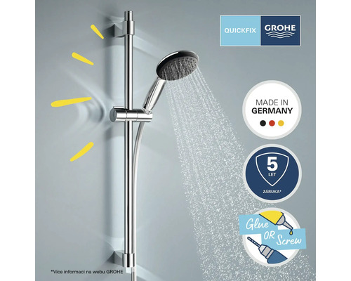 Sprchová tyč s ručnou sprchou v prevádzke. Značka kvality: Vyrobené v Nemecku. Päťročná záruka. Rýchla montáž lepením alebo skrutkovaním. Logo Grohe.