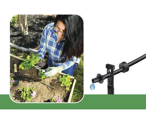 Žena sadí kvety v záhrade s kvapkovým zavlažovacím systémom.