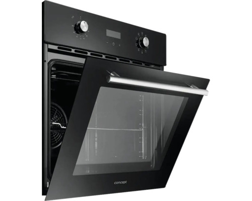 Čierna vstavaná rúra s otvorenými dvierkami na zobrazenie vnútra