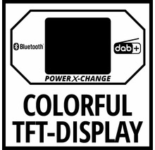 Symbol Bluetooth, symbol DAB+, upozornenie Power X-Change a farebný TFT displej