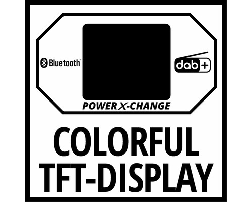 Symbol Bluetooth, symbol DAB+, upozornenie Power X-Change a farebný TFT displej