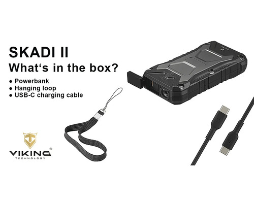 Obsah balenia powerbanky Skadi II: powerbanka, pútko a nabíjací kábel USB-C
