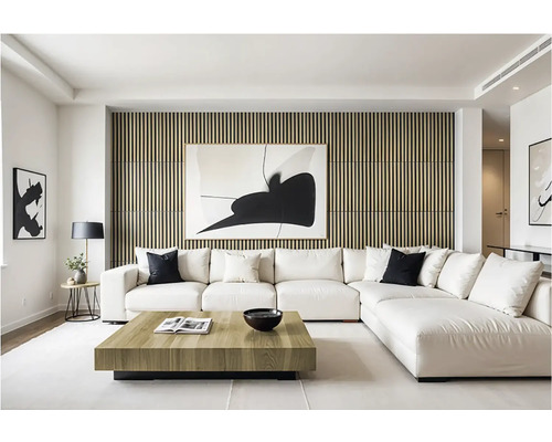 Obývacia izba s veľkou modulárnou pohovkou, drevenou stenou a abstraktnými obrazmi