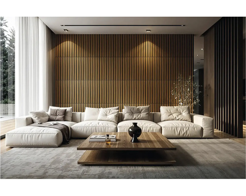 Obývacia izba s rohovou sedačkou, konferenčným stolíkom a dreveným obkladom stien