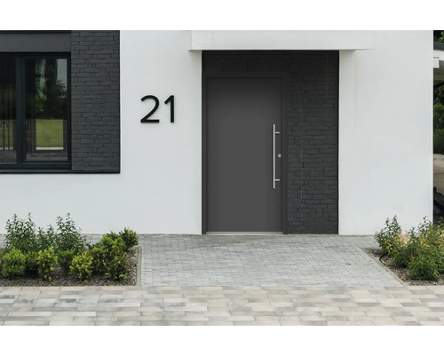 Fasáda domu s vchodovými dverami, oknom a číslom domu 21