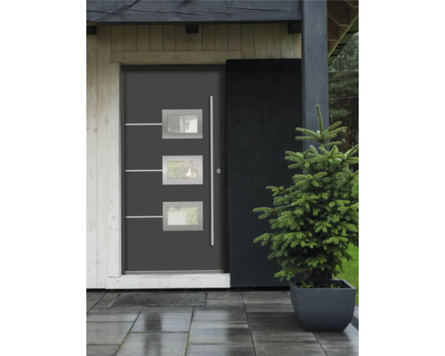 Moderné vchodové dvere s obdĺžnikovými oknami a rovnou kľučkou