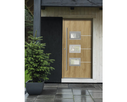 Vchodové dvere s tromi oknami a bočnou rukoväťou pred domom