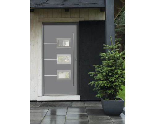 Sivé vstupné dvere s tromi oknami a kľučkou