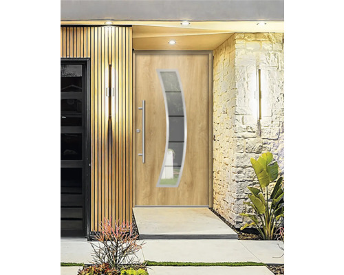 Moderné vchodové dvere s dreveným vzhľadom a zakrivenou sklenenou vložkou