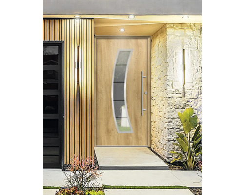 Moderné vchodové dvere so sklenenou vložkou a nerezovou rukoväťou