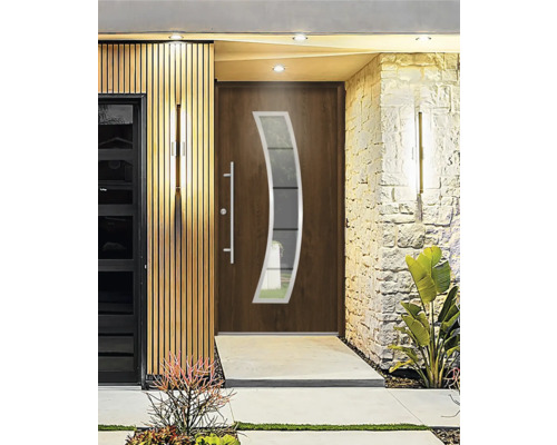 Moderné vchodové dvere so sklenenou výplňou a bočnou rukoväťou