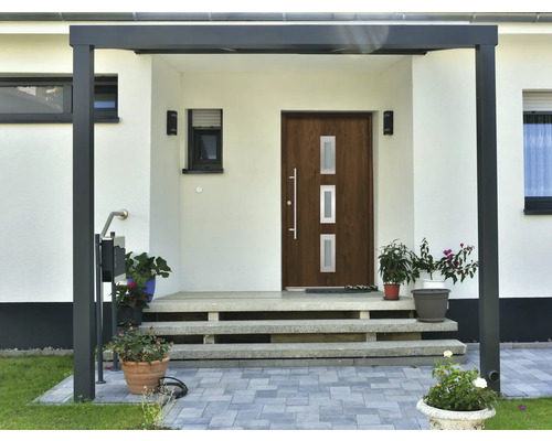 Vstup do domu s vchodovými dverami, strieškou a výsadbou