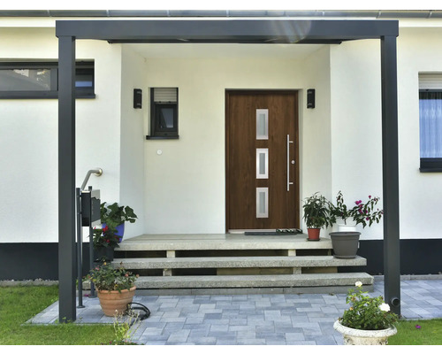 Vstupný priestor domu s vchodovými dverami, schodmi a strieškou
