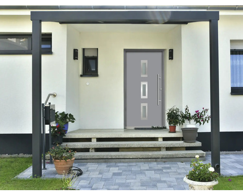 Vstupný priestor domu so sivými vchodovými dverami, schody a rastlinami
