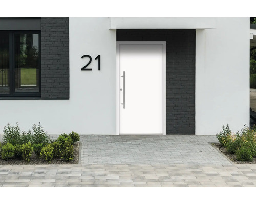 Moderná fasáda domu s vchodovými dverami, číslom domu 21 a dláždenou cestou.