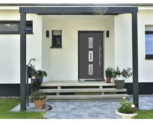 Vchodové dvere so strieškou, schodiskom a rastlinami
