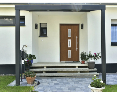 Vstupný priestor domu s vchodovými dverami, zastrešením a schodiskom.