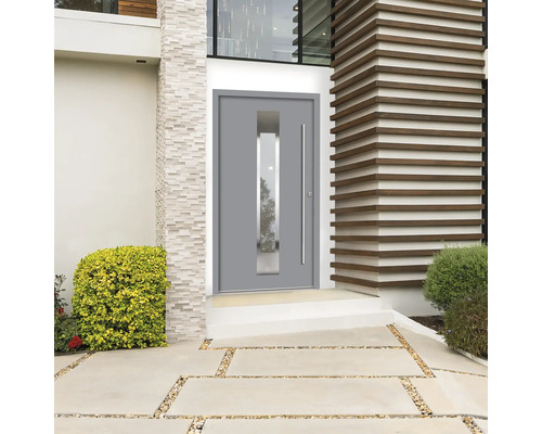 Moderné vchodové dvere so sklenenou vložkou a rovnou kľučkou