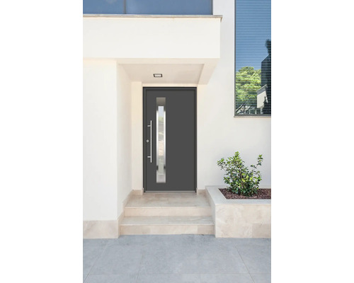 Vchodové dvere so sklenenou vložkou a držadlom z nehrdzavejúcej ocele vo fasáde