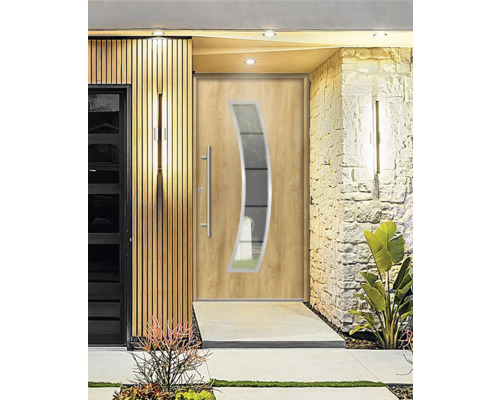 Vchodové dvere s dreveným vzhľadom a sklenenou vložkou