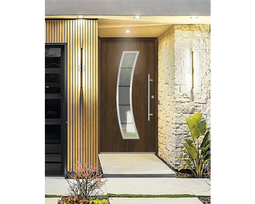 Moderné vchodové dvere so sklenenou vložkou a nerezovou kľučkou