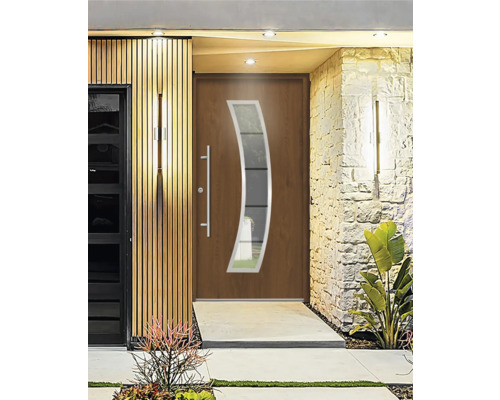 Moderné vchodové dvere so sklenenou vložkou a nerezovou kľučkou