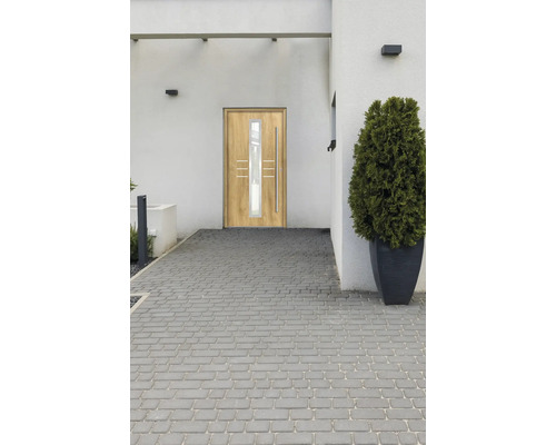 Moderné drevené vchodové dvere so sklenenou vložkou pred domom