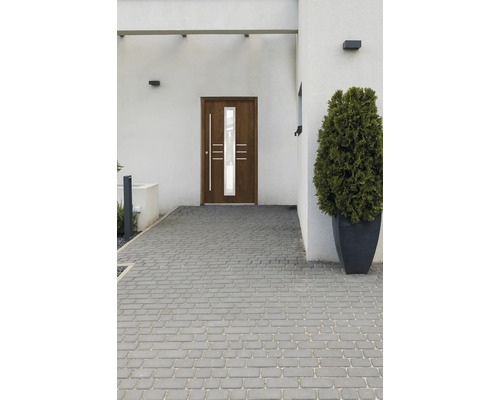 Vchodové dvere so sklenenou vložkou a vjazd dláždený kameňmi