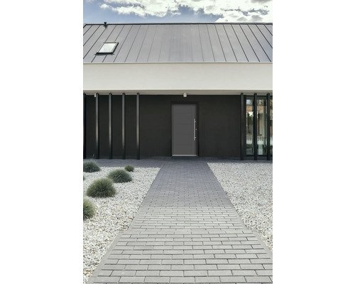 Vstupný priestor domu s dláždenou cestou, štrkom a vchodovými dverami