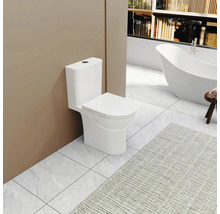 Biela stojaca toaleta v kúpeľni s vaňou a kobercom