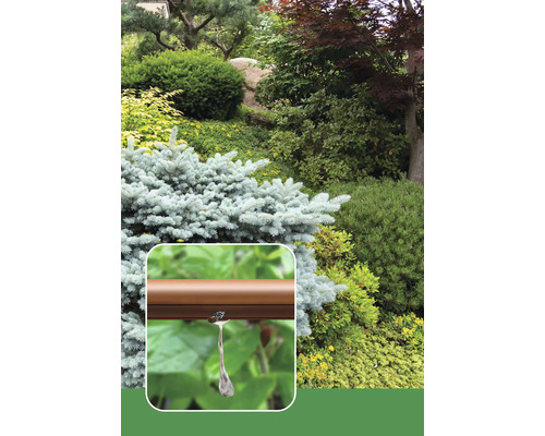 Detail hnedej zavlažovacej hadice s kvapkadlom pred záhradou s rôznymi rastlinami a kríkmi.