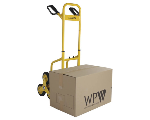 Žltý schodiskový vozík s kartónom