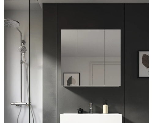 Kúpeľňa so sprchovou armatúrou, umývadlom a zrkadlovou skrinkou