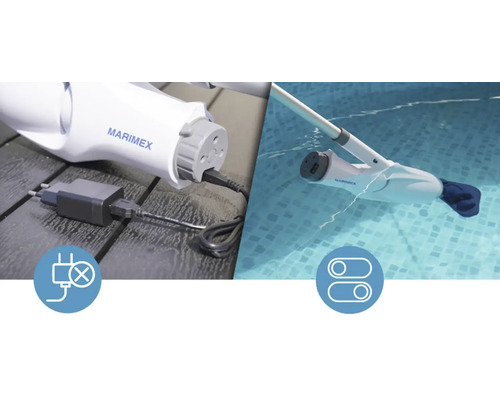 Bazénový robot Marimex s nabíjačkou a symbolmi pre nabíjanie a zapnutie/vypnutie