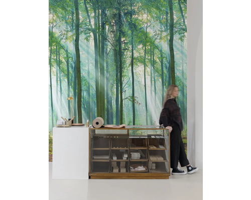 Izba s tapetou lesa, pultom a zákazníkom