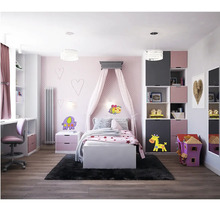 Svetlá detská izba s posteľou, baldachýnom, písacím stolom a policami