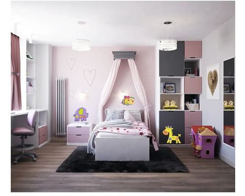 Svetlá detská izba s posteľou, baldachýnom, písacím stolom a policami