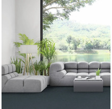 Svetlá obývacia izba so sivou sedačkou, izbovými rastlinami a veľkým oknom s výhľadom na jazero