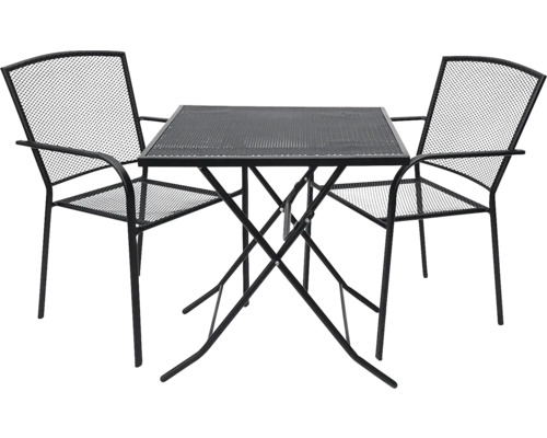 Zostava záhradného stola s dvoma kovovými stoličkami a štvorcovým stolom