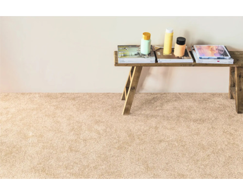 Interiérová snímka svetlej obývačky s kobercom a rustikálnym dreveným stolom s dekoráciou