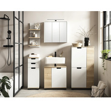 Kúpeľňa s umývadlom, zrkadlovou skrinkou, vysokou skrinkou a policami na kúpeľňové doplnky